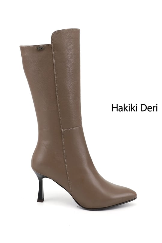 Kadın Vizon Antik Fermuarlı Sivri Burun Hakiki Deri Çizme