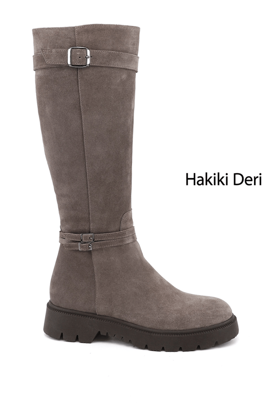 Kadın Vizon Süet Fermuarlı Kauçuk Taban Hakiki Deri Çizme