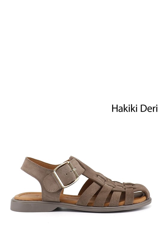 Kadın Vizon Süet Tokalı Bantlı Burnu Kapalı Hakiki Deri Sandalet