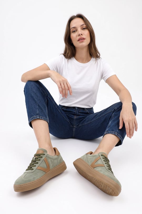 Womens Green Suede Lace-up Genuine Leather Sneaker