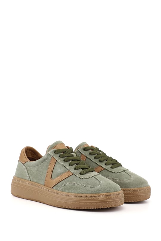 Womens Green Suede Lace-up Genuine Leather Sneaker