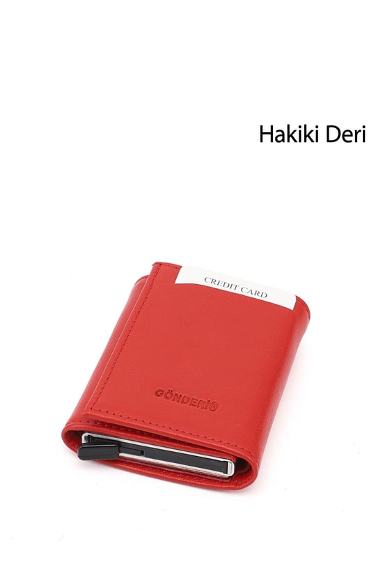Unisex Kırmızı Hakiki Deri Mekanizmalı Cüzdan