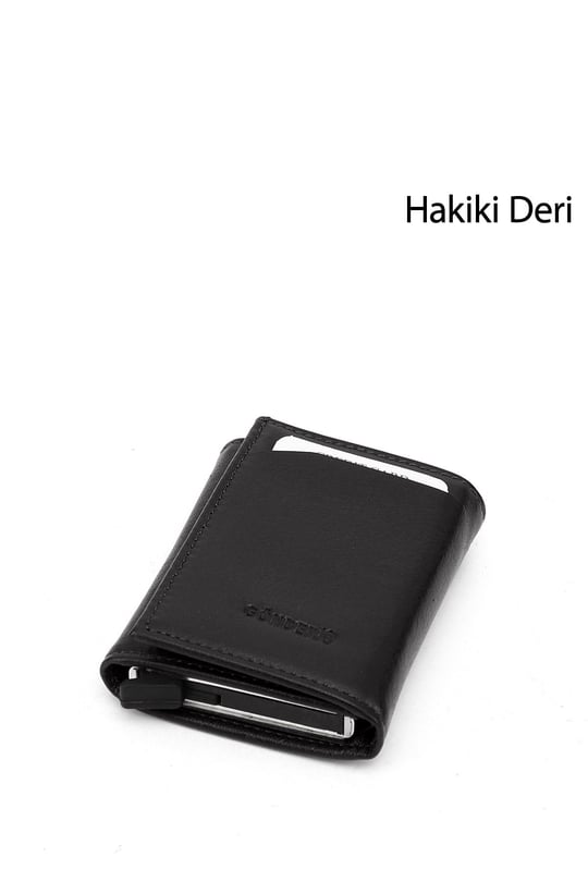 Unisex Siyah Hakiki Deri Mekanizmalı Cüzdan