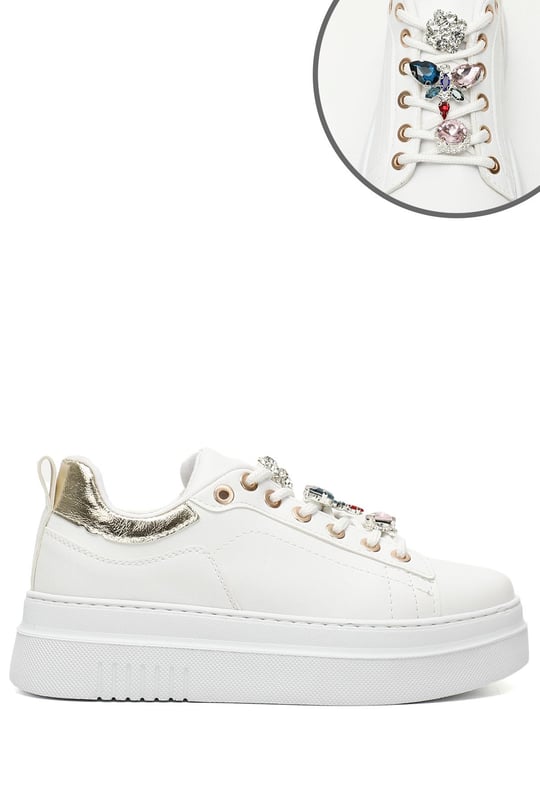 BEYAZ TAŞLI Gön Yuvarlak Burun Dolgu Taban Bağcıklı Kadın Sneaker 35553