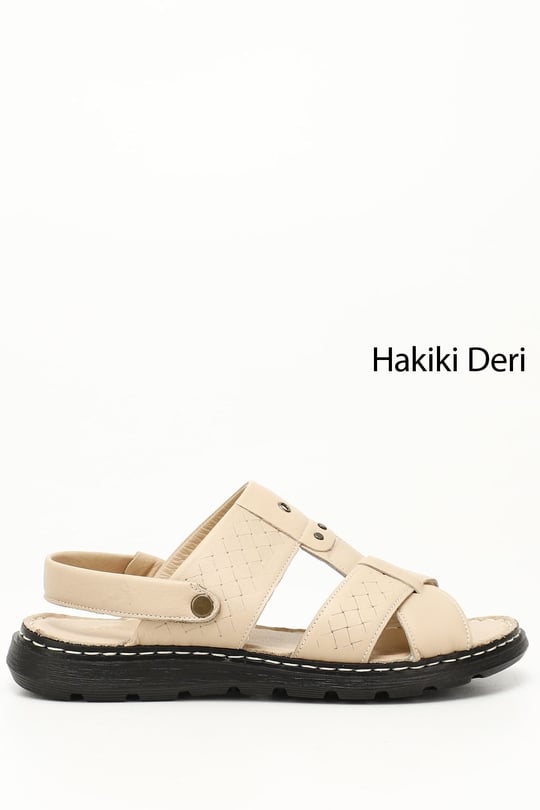 Erkek Bej Hakiki Deri Comfort Sandalet