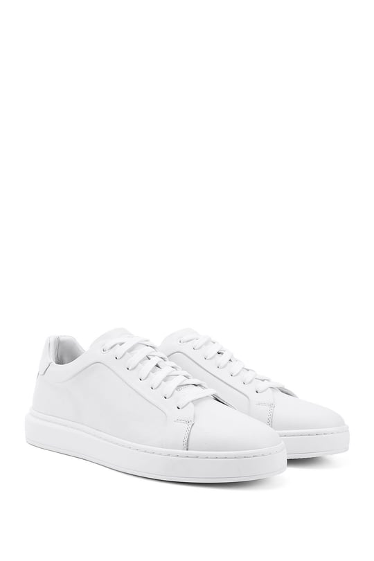 Erkek Beyaz Bağcıklı Kauçuk Taban Hakiki Deri Sneaker