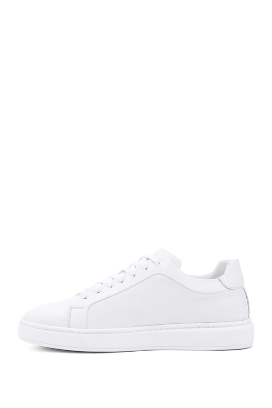 Erkek Beyaz Bağcıklı Kauçuk Taban Hakiki Deri Sneaker
