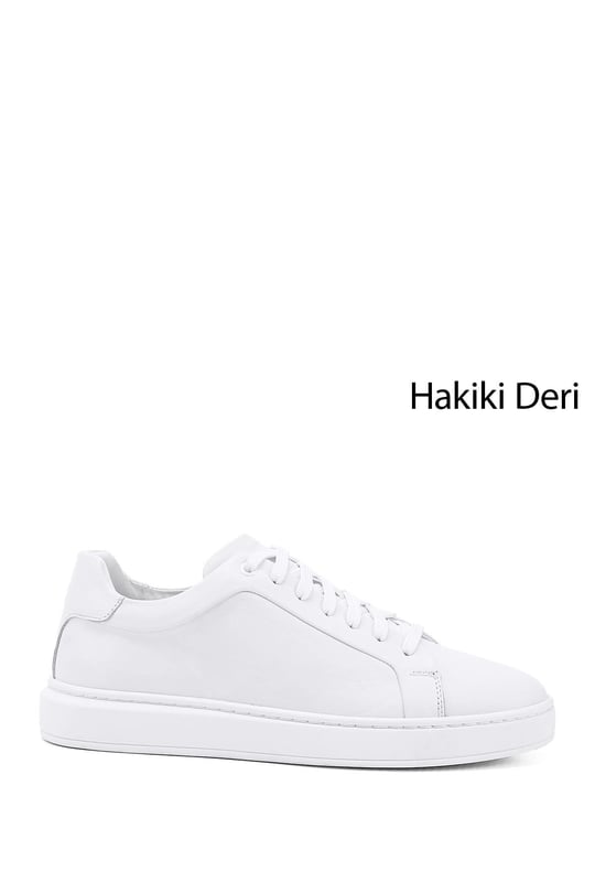 Erkek Beyaz Bağcıklı Kauçuk Taban Hakiki Deri Sneaker