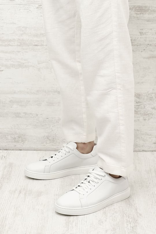 Erkek Beyaz Bağcıklı Kauçuk Taban Hakiki Deri Sneaker