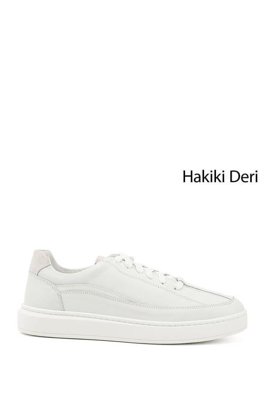 Men's White Lace-Up Rubber Sole Genuine Leather Sneakers