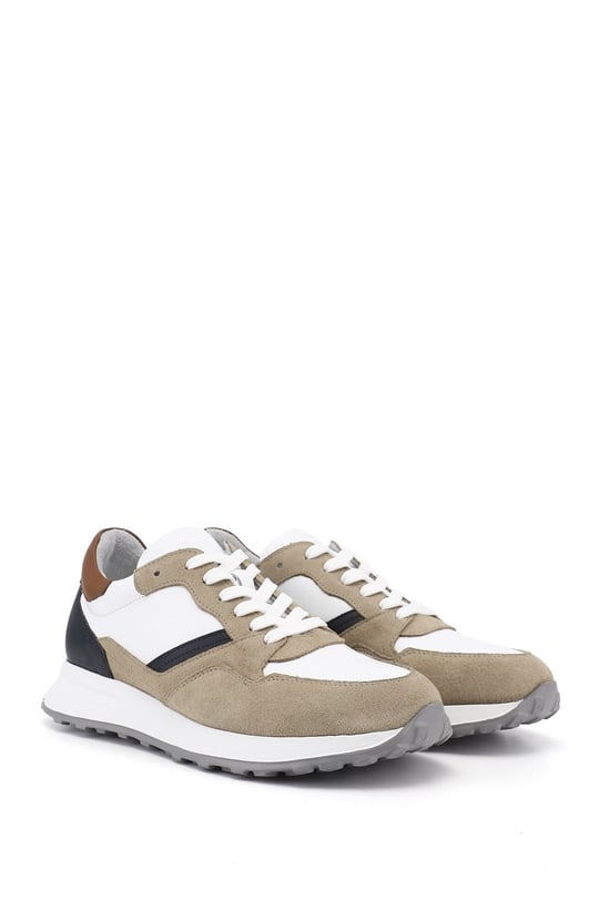 Erkek Beyaza Bej Süet Bağcıklı Hakiki Deri Comfort Sneaker
