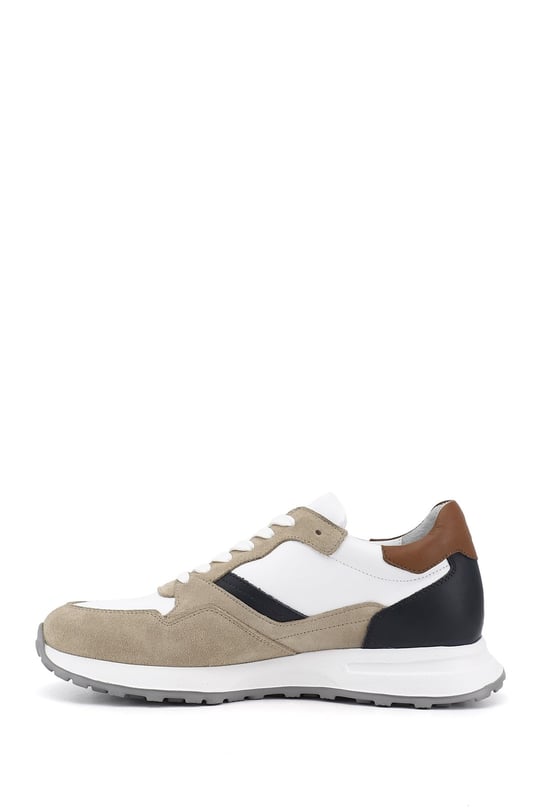 Erkek Beyaza Bej Süet Bağcıklı Hakiki Deri Comfort Sneaker