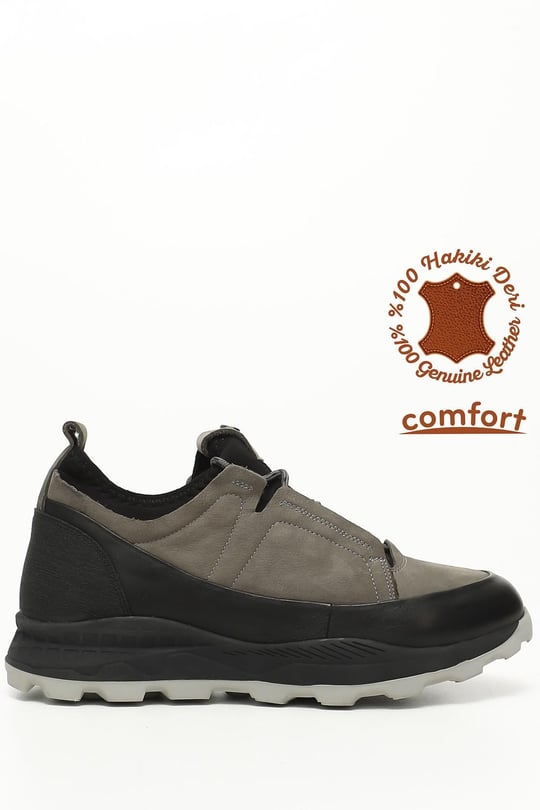 Erkek Gri Antik Bağcıklı Hakiki Deri Comfort Sneaker