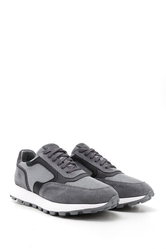 Men's Gray Lace-Up Genuine Leather Sneakers