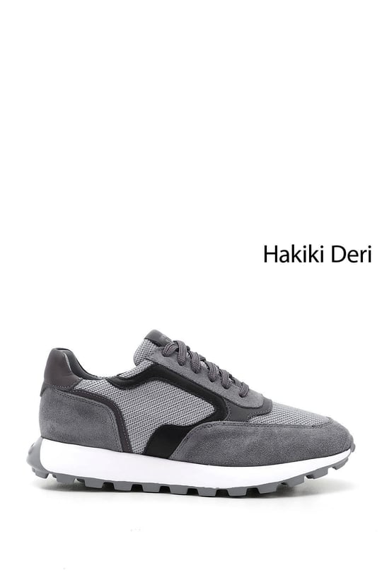 Men's Gray Lace-Up Genuine Leather Sneakers