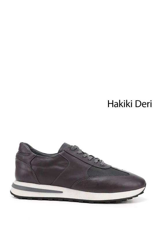 Erkek Gri Bağcıklı Hakiki Deri Sneaker