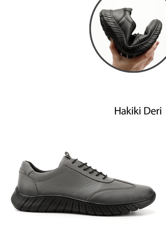 Erkek Gri Bağcıklı Kauçuk Taban Hakiki Deri Sneaker