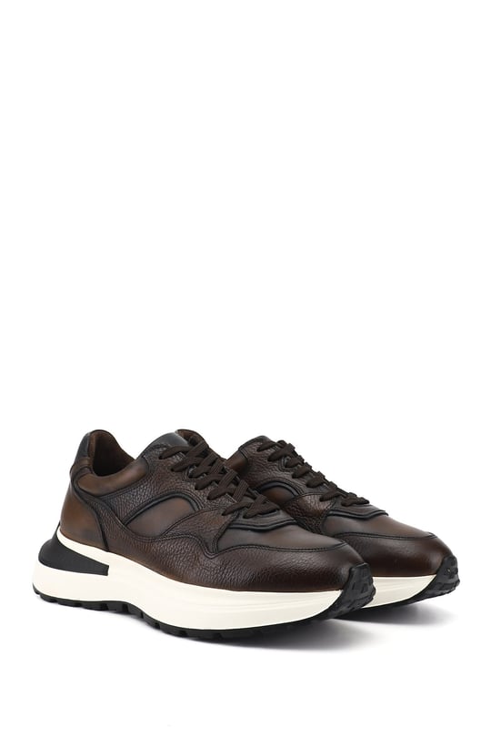 Erkek Kahve Antik Bağcıklı Hakiki Deri Comfort Sneaker