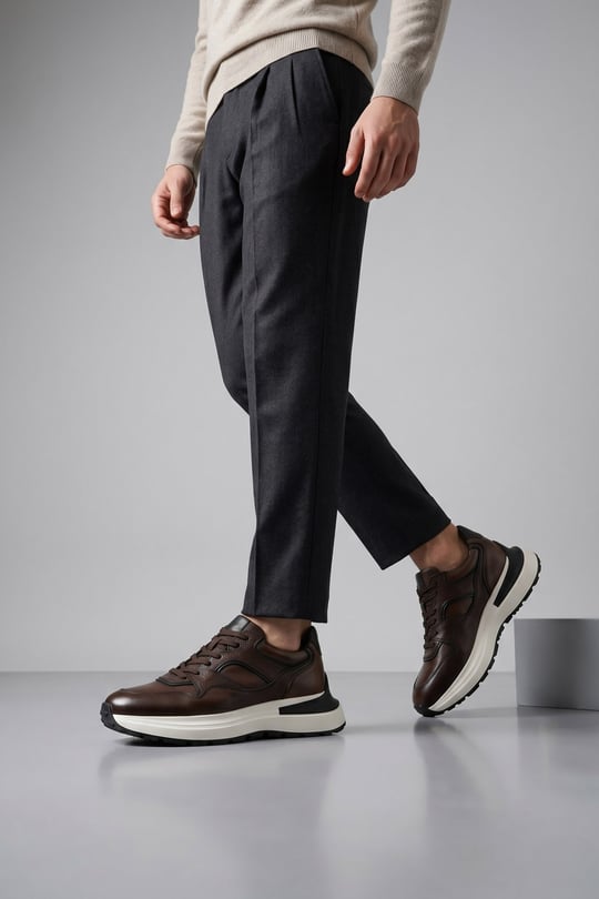 Erkek Kahve Antik Bağcıklı Hakiki Deri Comfort Sneaker