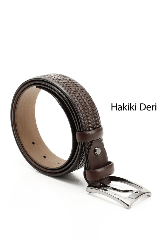 Erkek Kahve Antik Hakiki Deri 3,5 Cm Örgü Desenli Klasik Kemer