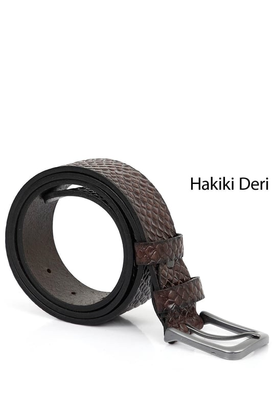 Erkek Kahve Antik Hakiki Deri 4 Cm Baskılı Kot Kemeri