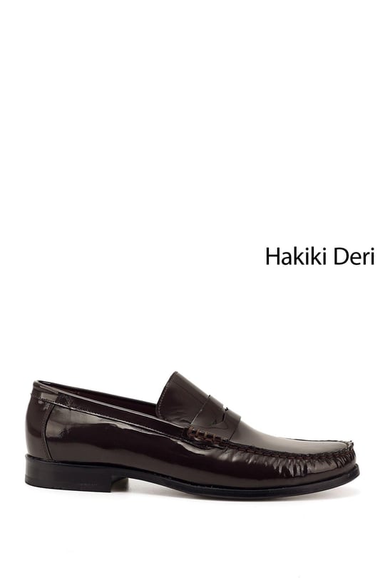 Erkek Kahve Rugan Kösele Taban Hakiki Deri Loafer Ayakkabı