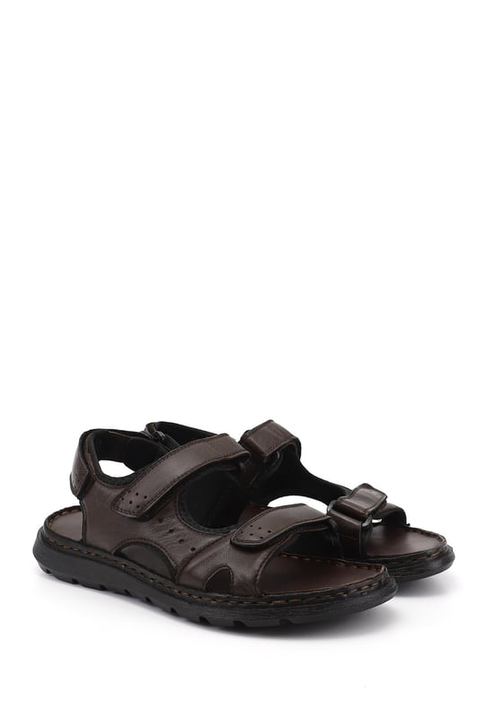 Men's Brown Adjustable Velcro Strap Genuine Leather Sandals