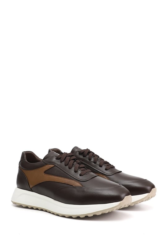 Erkek Kahverengi Bağcıklı Hakiki Deri Sneaker