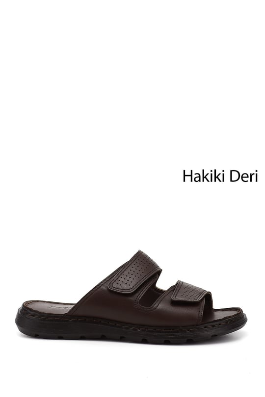 Men's Brown Double Velcro Genuine Leather Comfort Slippers
