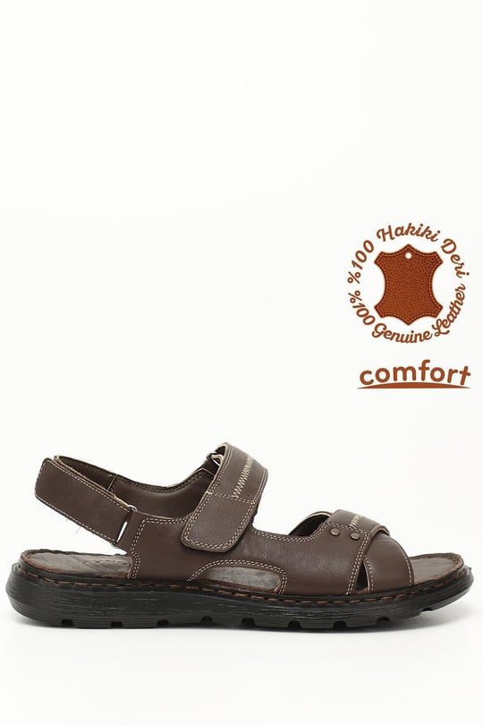 Erkek Kahverengi Hakiki Deri Comfort Sandalet