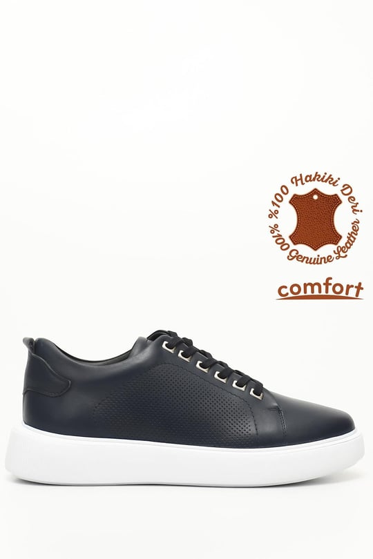 Erkek Lacivert Antik Bağcıklı Hakiki Deri Comfort Sneaker