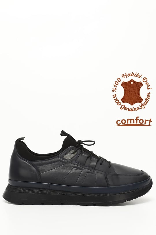 Erkek Lacivert Antik Bağcıklı Hakiki Deri Comfort Sneaker