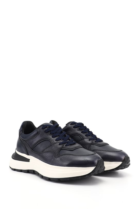 Erkek Lacivert Antik Bağcıklı Hakiki Deri Comfort Sneaker