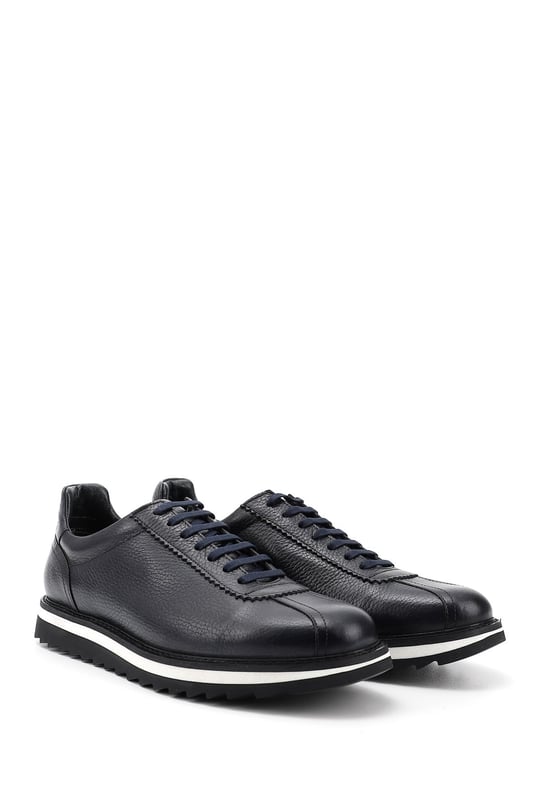 Men's Navy Blue Antique Laced Genuine Leather Comfort Sneaker