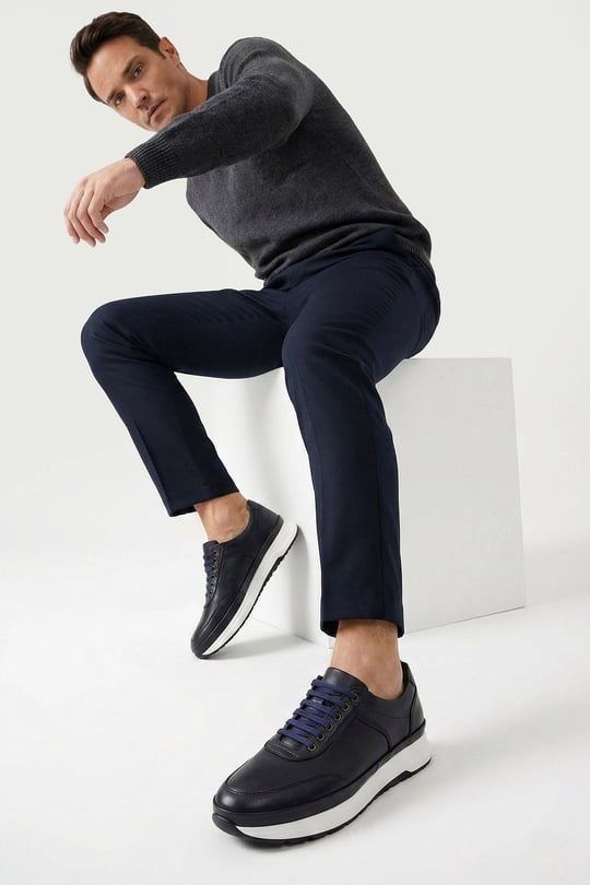 Men's Navy Blue Antique Laced Genuine Leather Comfort Sneaker