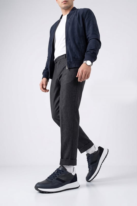 Erkek Lacivert Antik Bağcıklı Hakiki Deri Comfort Sneaker