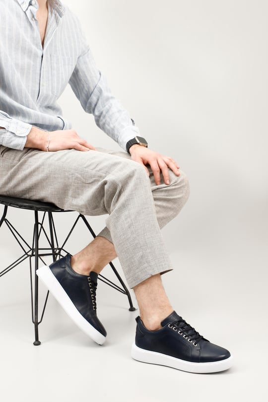Erkek Lacivert Antik Bağcıklı Hakiki Deri Comfort Sneaker
