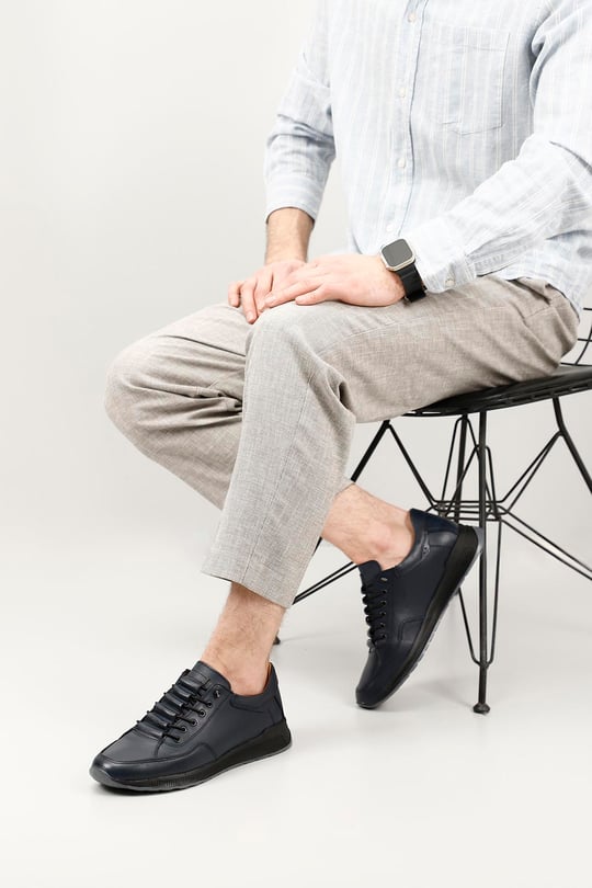 Erkek Lacivert Antik Bağcıklı Hakiki Deri Comfort Sneaker