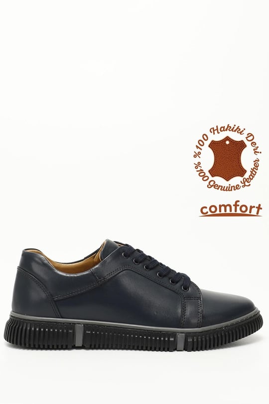 Erkek Lacivert Antik Bağcıklı Hakiki Deri Comfort Sneaker