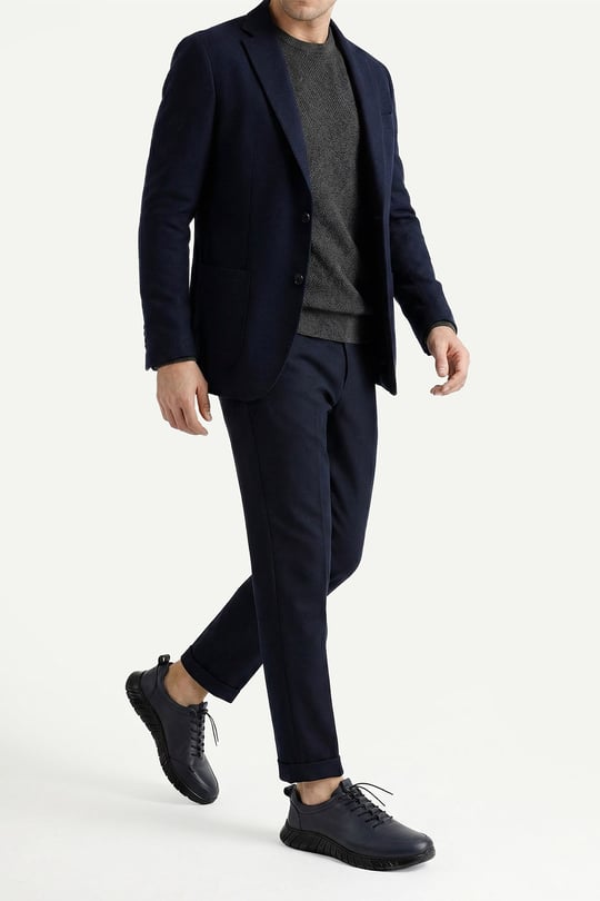 Men's Navy Blue Antique Lace-up Rubber Sole Genuine Leather Sneaker