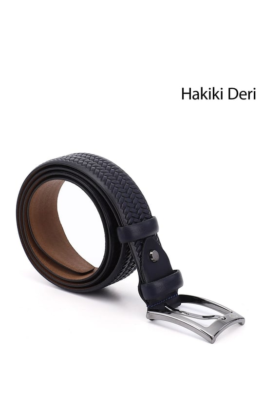 Erkek Lacivert Antik Hakiki Deri 3,5 Cm Örgü Desenli Klasik Kemer