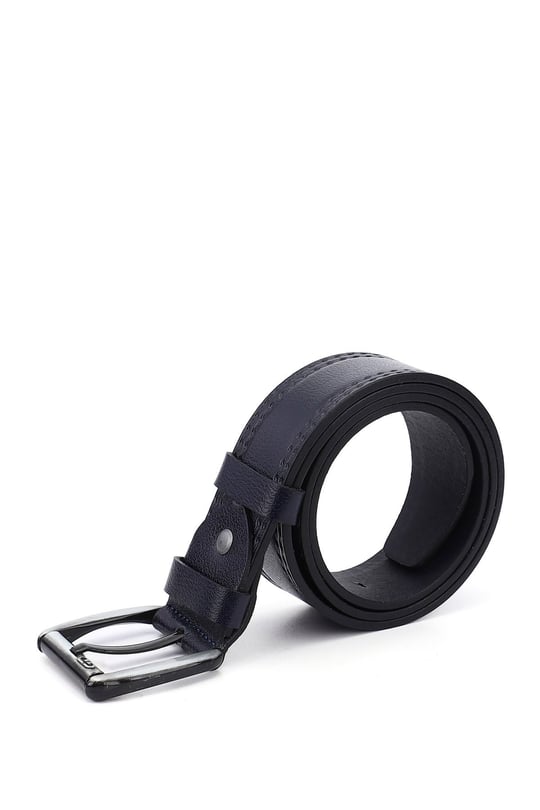 Erkek Lacivert Antik Hakiki Deri 4 Cm Dikişli Kot Kemeri