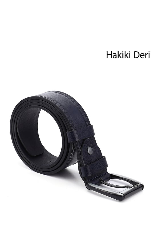 Erkek Lacivert Antik Hakiki Deri 4 Cm Dikişli Kot Kemeri