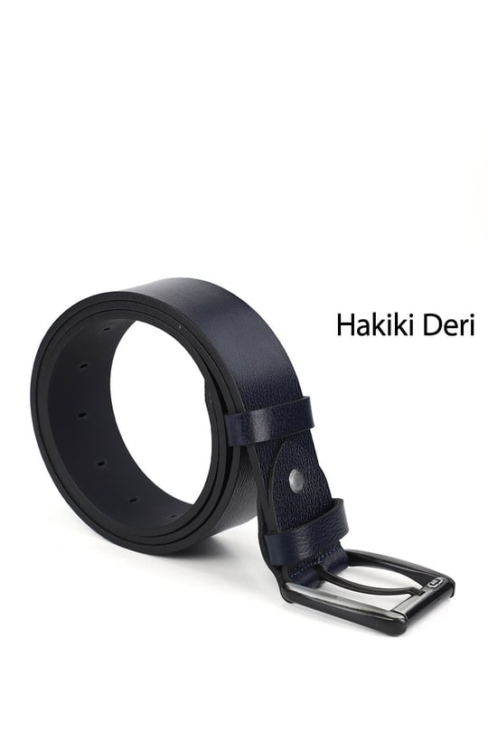 Erkek Lacivert Antik Hakiki Deri 4 Cm Kot Kemeri