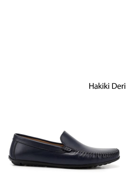 Erkek Lacivert Antik Rok Hakiki Deri Loafer Ayakkabı