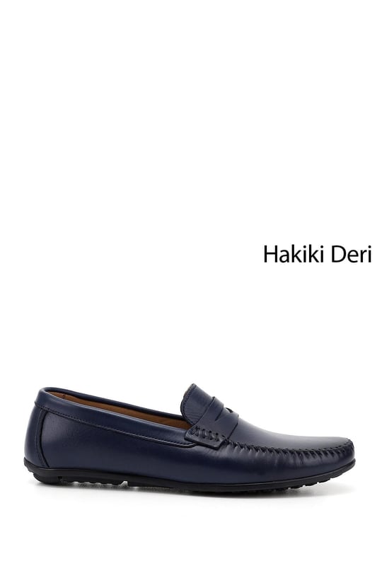 Erkek Lacivert Antik Rok Hakiki Deri Loafer Ayakkabı