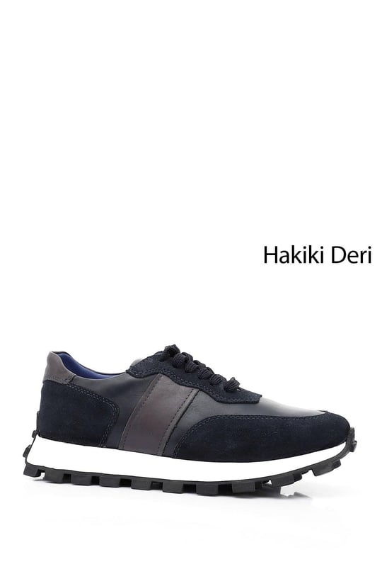 Erkek Lacivert Bağcıklı Hakiki Deri Comfort Sneaker