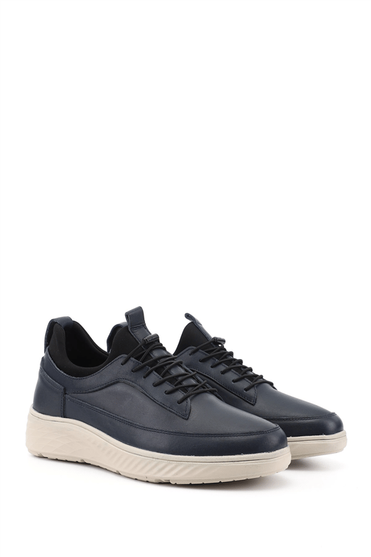 Erkek Lacivert Bağcıklı Hakiki Deri Sneaker