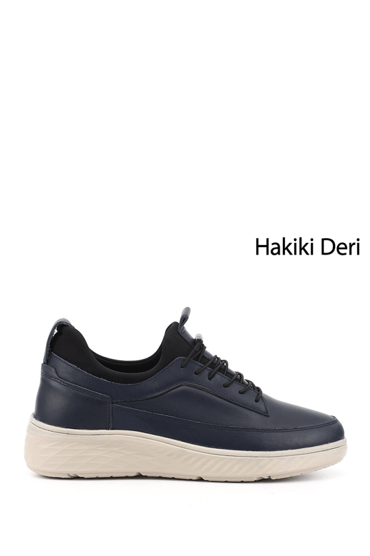 Erkek Lacivert Bağcıklı Hakiki Deri Sneaker