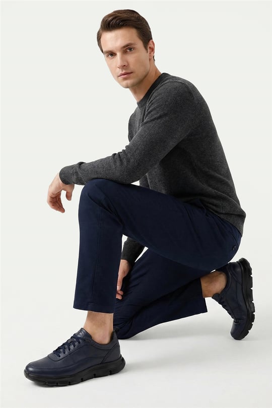 Men's Navy Blue Lace-Up Genuine Leather Sneakers